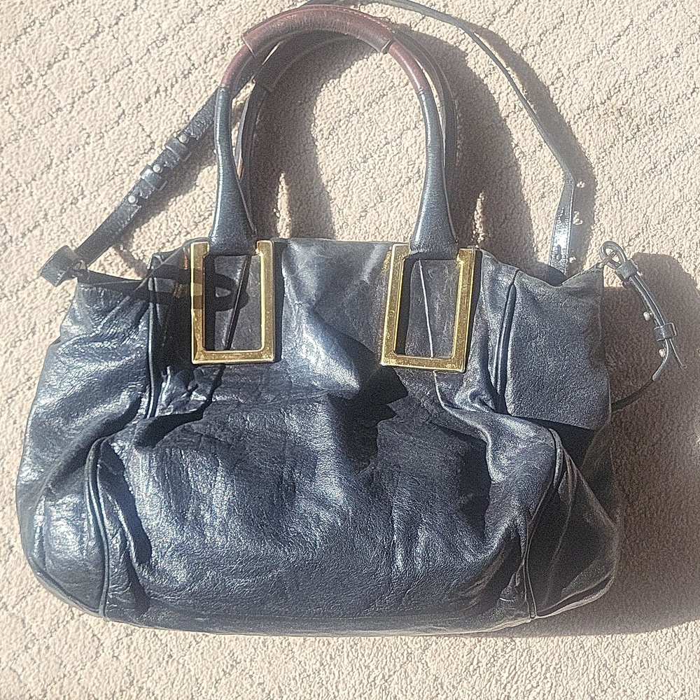 Chloe Black Leather Satchel Crossbody Bag with Gold Accents - Picture 2 of 14